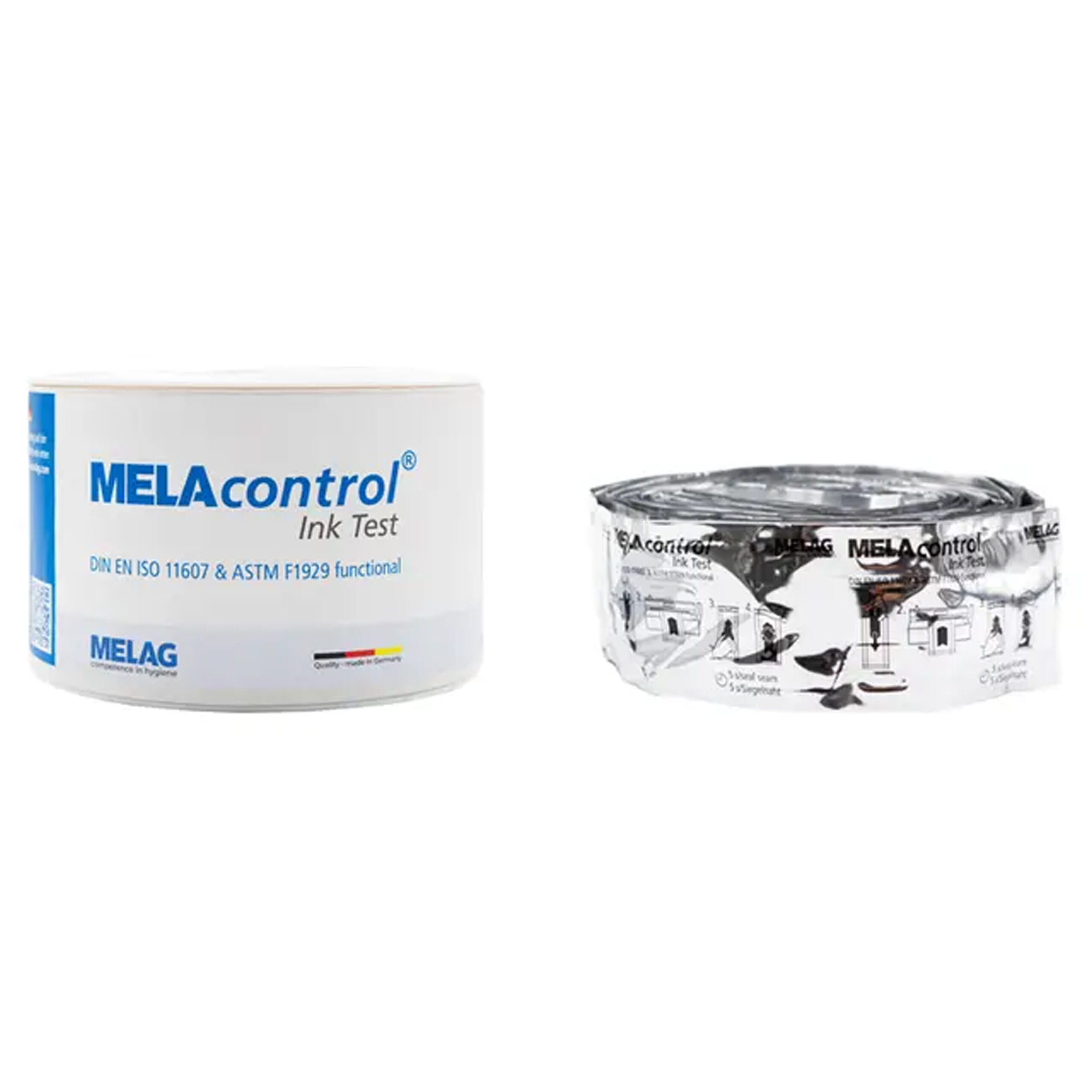 MELAcontrol Ink Test VE30 für Sterilisation Zwei MELAcontrol Ink Test Rollen auf weißem Hintergrund