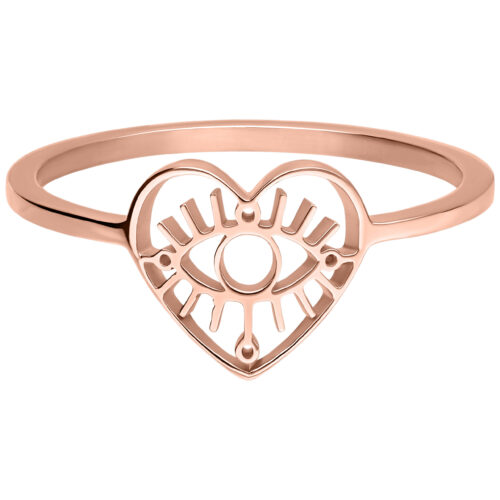 Roségoldener Eye Ring aus Chirurgenstahl, Größe 17mm, mit Herz- und Augenmotiv vor weißem Hintergrund