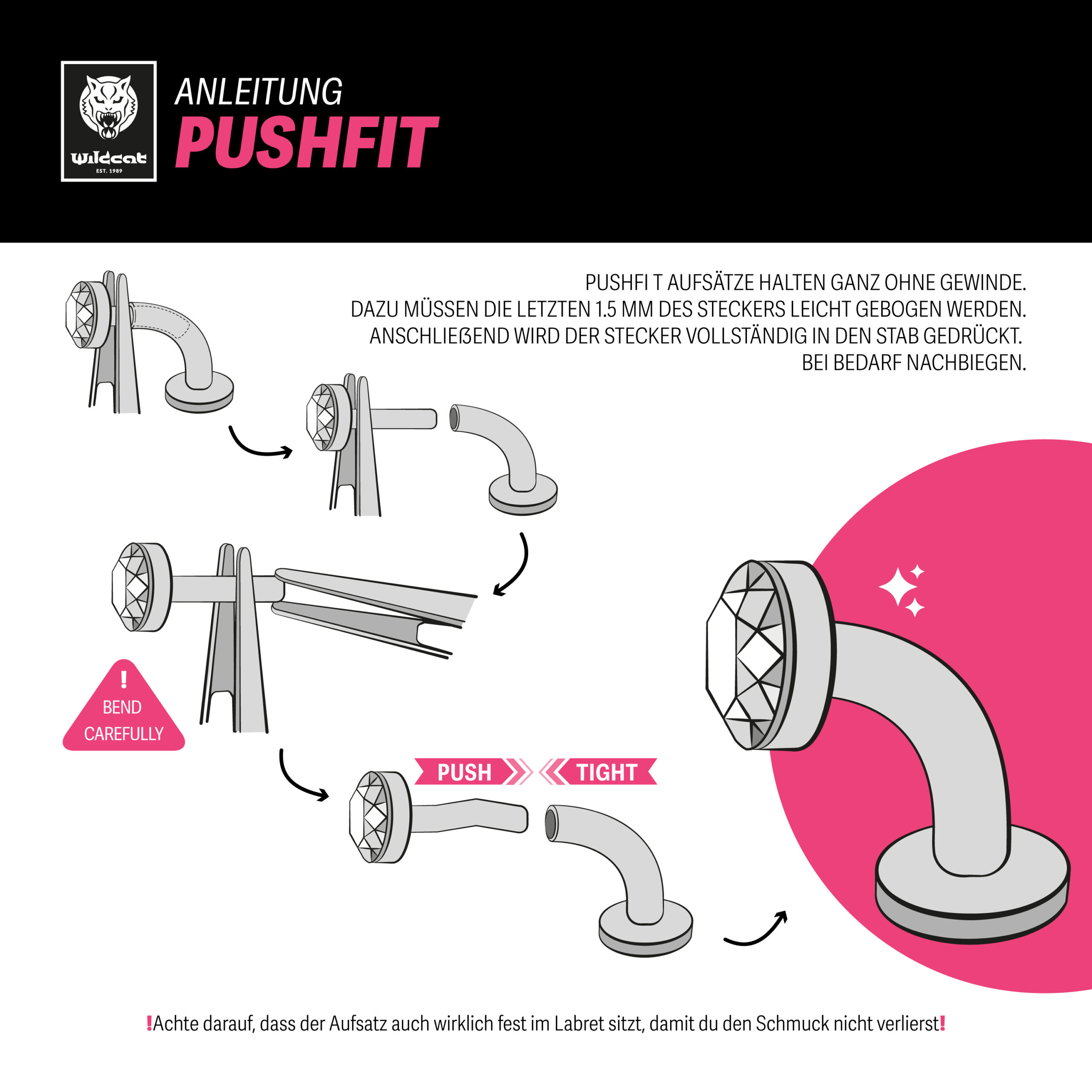 Illustration der Push Fit Anleitung für Labret mit Biegung und Stecker