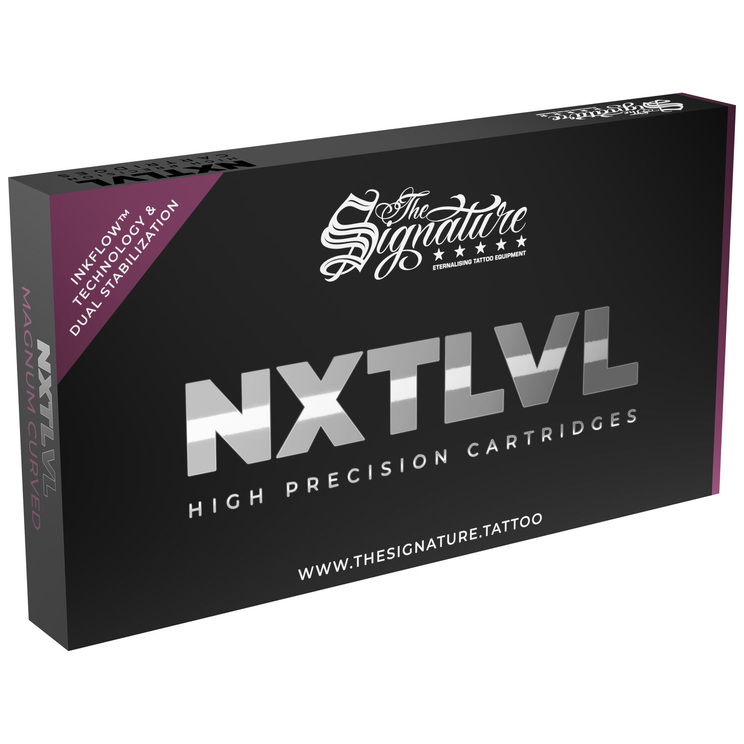 Schwarze Box mit silberner Schrift 'NXT LVL' auf weißem Hintergrund