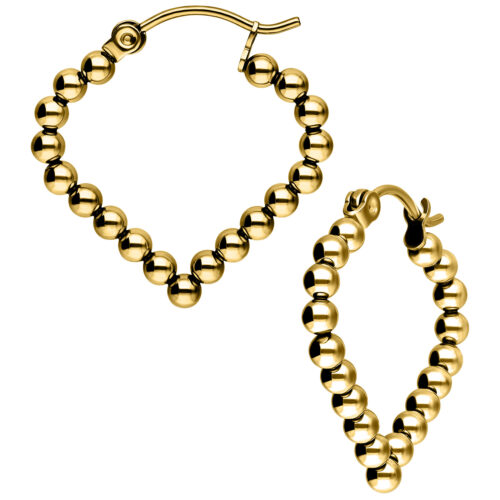 Goldene Bubble Polygon Hoops Ohrringe aus Chirurgenstahl auf weißem Hintergrund