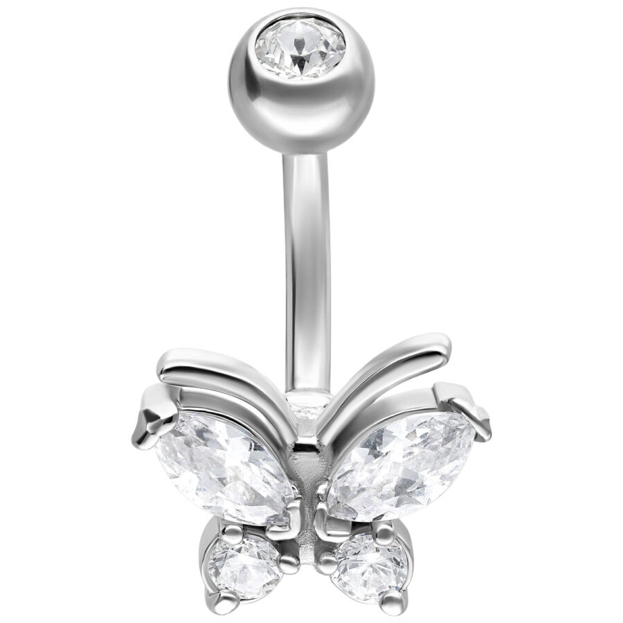 Silbernes Bauchnabelpiercing mit Schmetterling und klaren Kristallen auf weißem Hintergrund