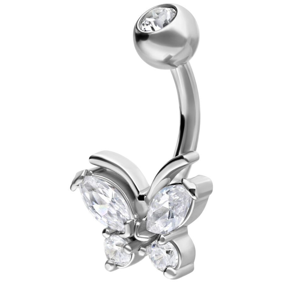 Silbernes Bauchnabelpiercing mit Schmetterling und klaren Kristallen