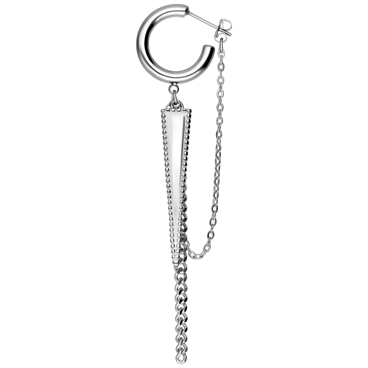 Silberne Dreieck Ohrstecker mit Kette Silberner Ohrstecker mit Dreieck und Kette auf weißem Hintergrund