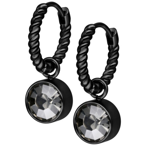 Schwarze gedrehte Creolen mit diamantschwarzem Kristall auf weißem Hintergrund