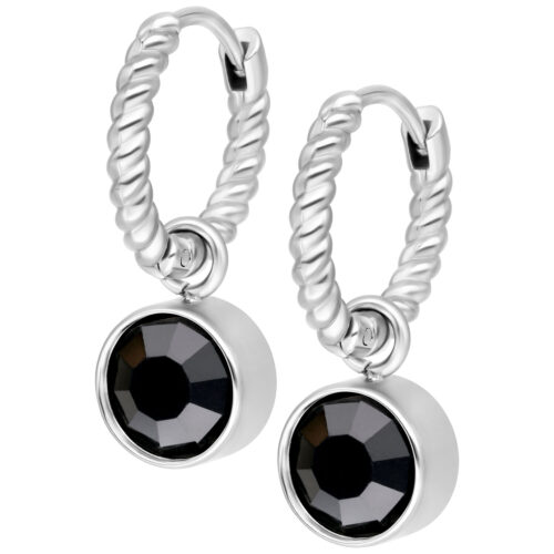 Silberne Little Twisted Hoops mit schwarzen Kristallen auf weißem Hintergrund