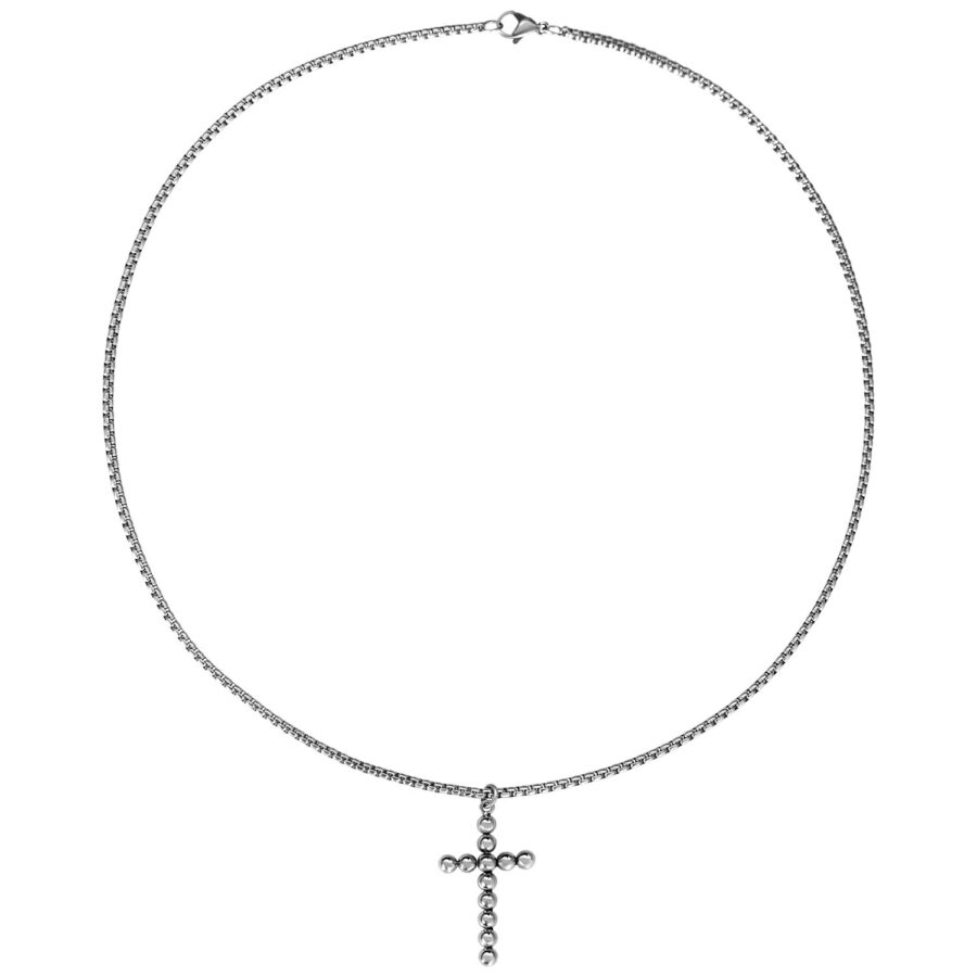 Silberne Bubble Cross Halskette aus Chirurgenstahl auf weißem Hintergrund