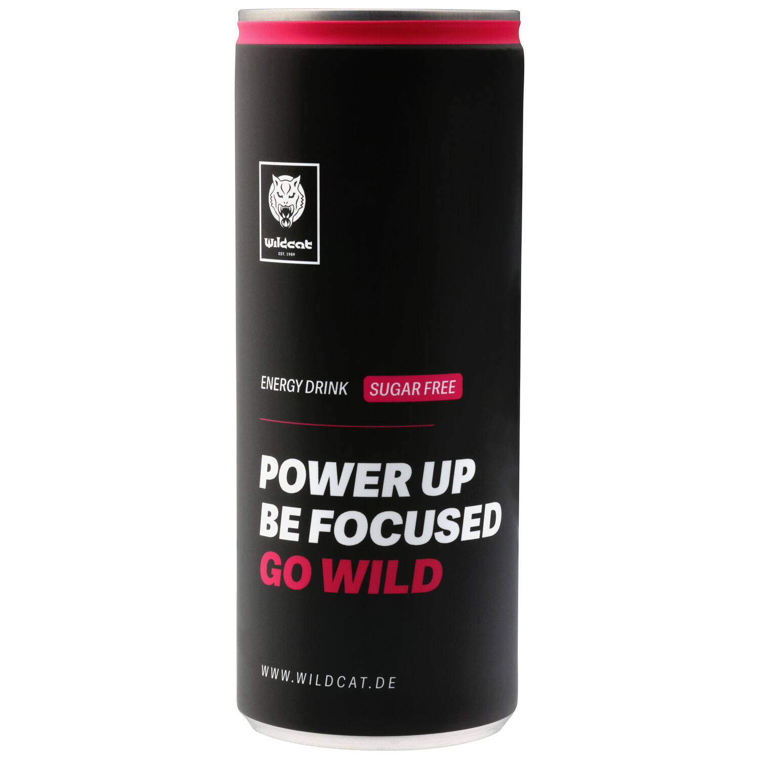 Wildcat Energy Drink Zuckerfrei 350ml Dose Schwarze Dose Wildcat Energy Drink Zuckerfrei mit rotem Deckel auf weißem Hintergrund