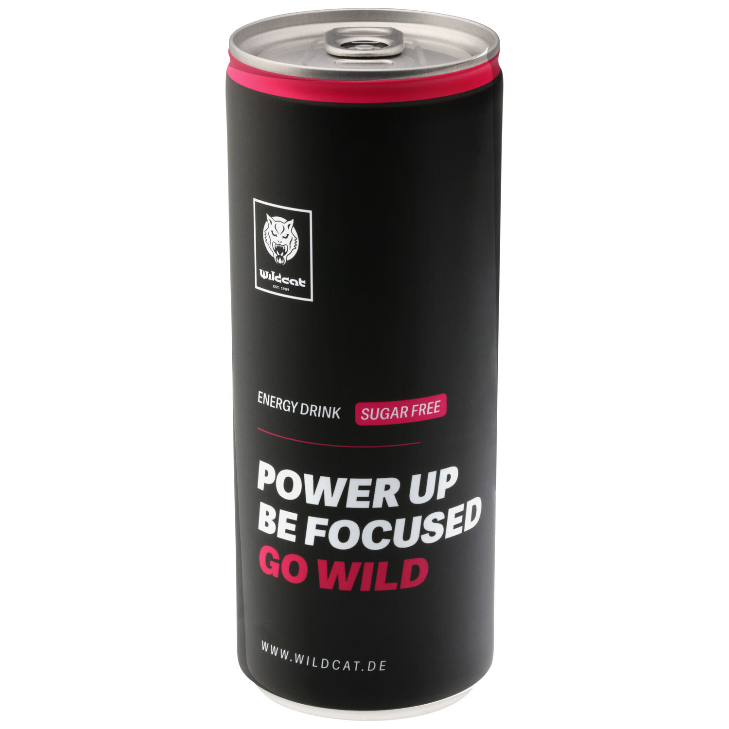 Wildcat Energy Drink Zuckerfrei 350ml Dose Schwarze Wildcat Energy Drink Dose mit pinkem Text auf weißem Hintergrund