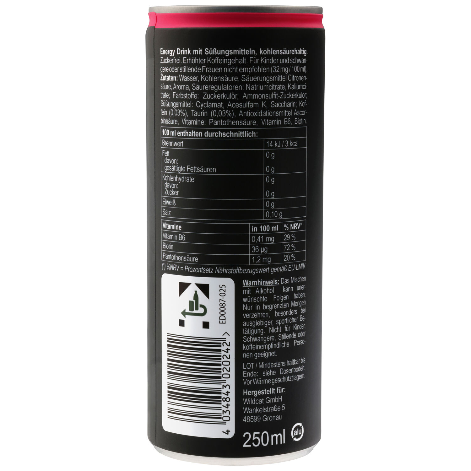 Wildcat Energy Drink Zuckerfrei 350 ml Dose Rückseite einer schwarzen Wildcat Energy Drink Dose mit Nährwertangaben