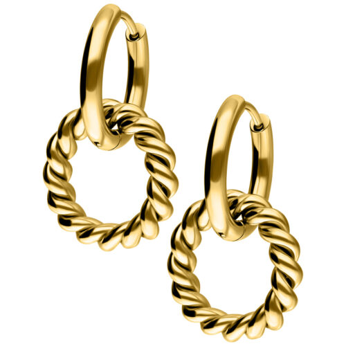 Paar vergoldeter Twisted Circle Hoops mit gedrehtem Design auf weißem Hintergrund