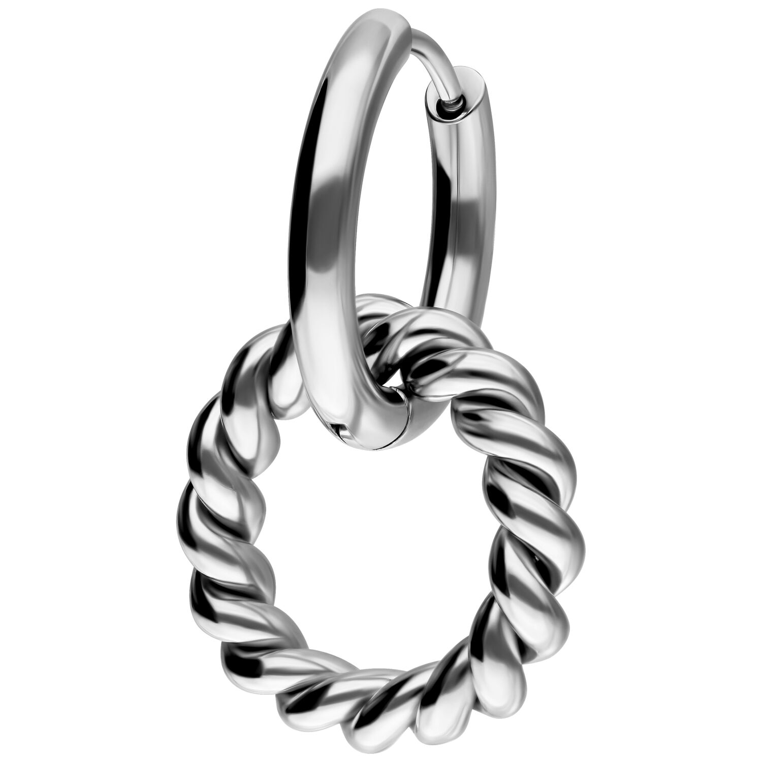 Twisted Circle Hoops aus Edelstahl, Silber Silberne Twisted Circle Hoops aus Edelstahl auf weißem Hintergrund