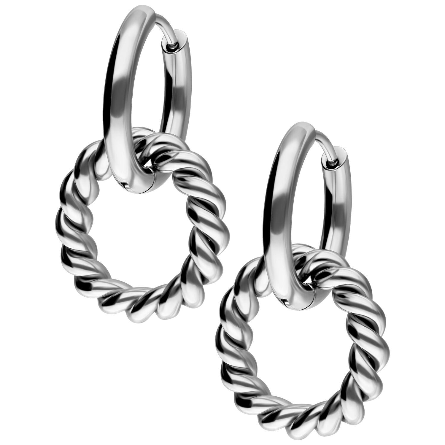 Twisted Circle Hoops aus Edelstahl in Silber Silberne Edelstahl-Ohrringe mit gedrehtem Kreisdesign auf weißem Hintergrund
