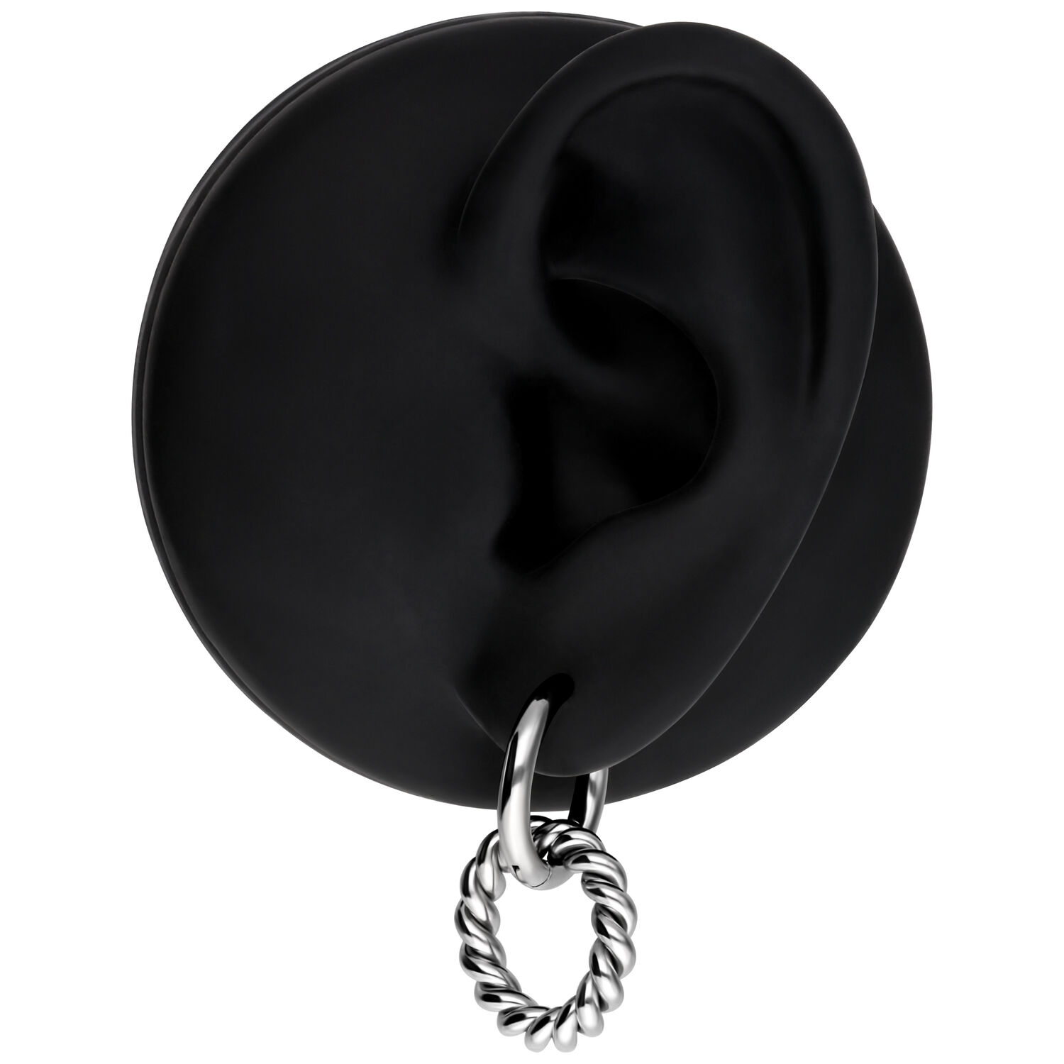 Twisted Circle Hoops aus Edelstahl, Silber Silberne gedrehte Creolen aus Edelstahl an schwarzem Ohrmodell