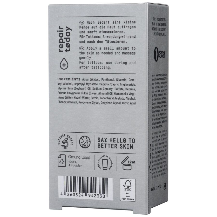 Graue Verpackung der No Cosmetics Intensiv Repair Cream mit Text und Symbolen