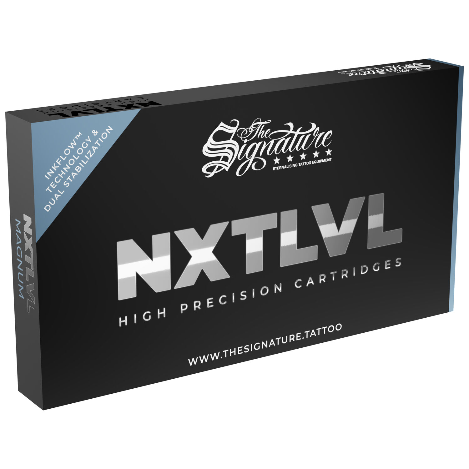 Schwarze Verpackung von The Signature® Magnum Long Taper Cartridges mit silberner Schrift