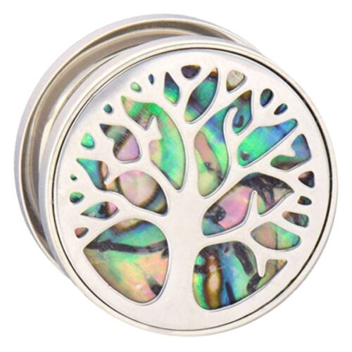Silberner Plug mit Tree of Life Design und buntem Hintergrund