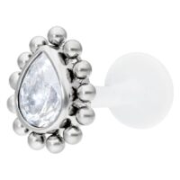 Silberner Crystal Teardrop Labret 1,2 mm Silberner Labret mit Kristall in Tropfenform auf weißem Hintergrund