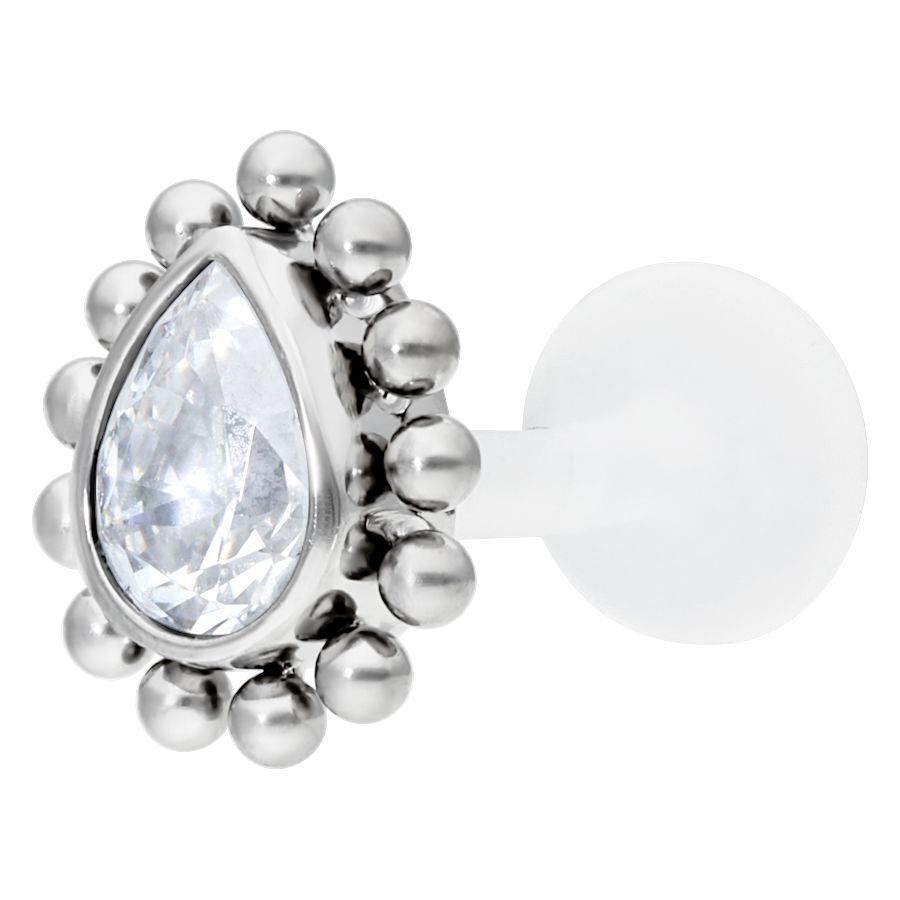 Silberner Crystal Teardrop Labret 1,2 mm Silberner Labret mit Kristall in Tropfenform auf weißem Hintergrund