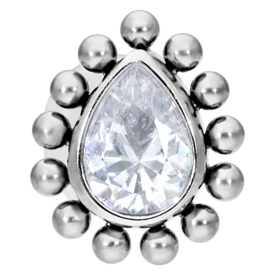Silbernes Crystal Teardrop Labret mit Innengewinde Silbernes Labret mit kristallklarem Tropfen und Kugeln auf weißem Hintergrund