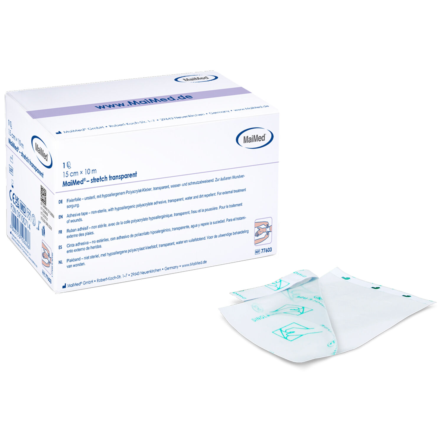 Transparente MaiMed® Fixierfolie in weißer Verpackung auf weißem Hintergrund