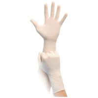 Weiße, puderfreie Latexhandschuhe, Größe 7 Zwei weiße, puderfreie Latexhandschuhe, ein Paar Hände, neutraler Hintergrund