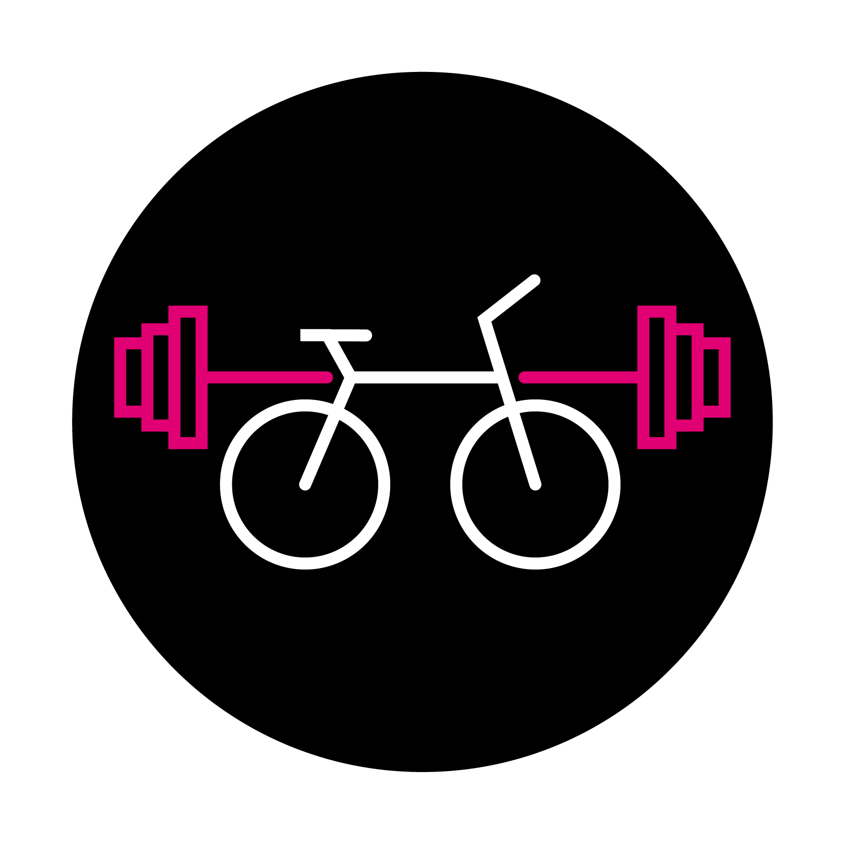 Weißes Fahrrad mit pinken Hanteln als Lenker auf schwarzem Hintergrund