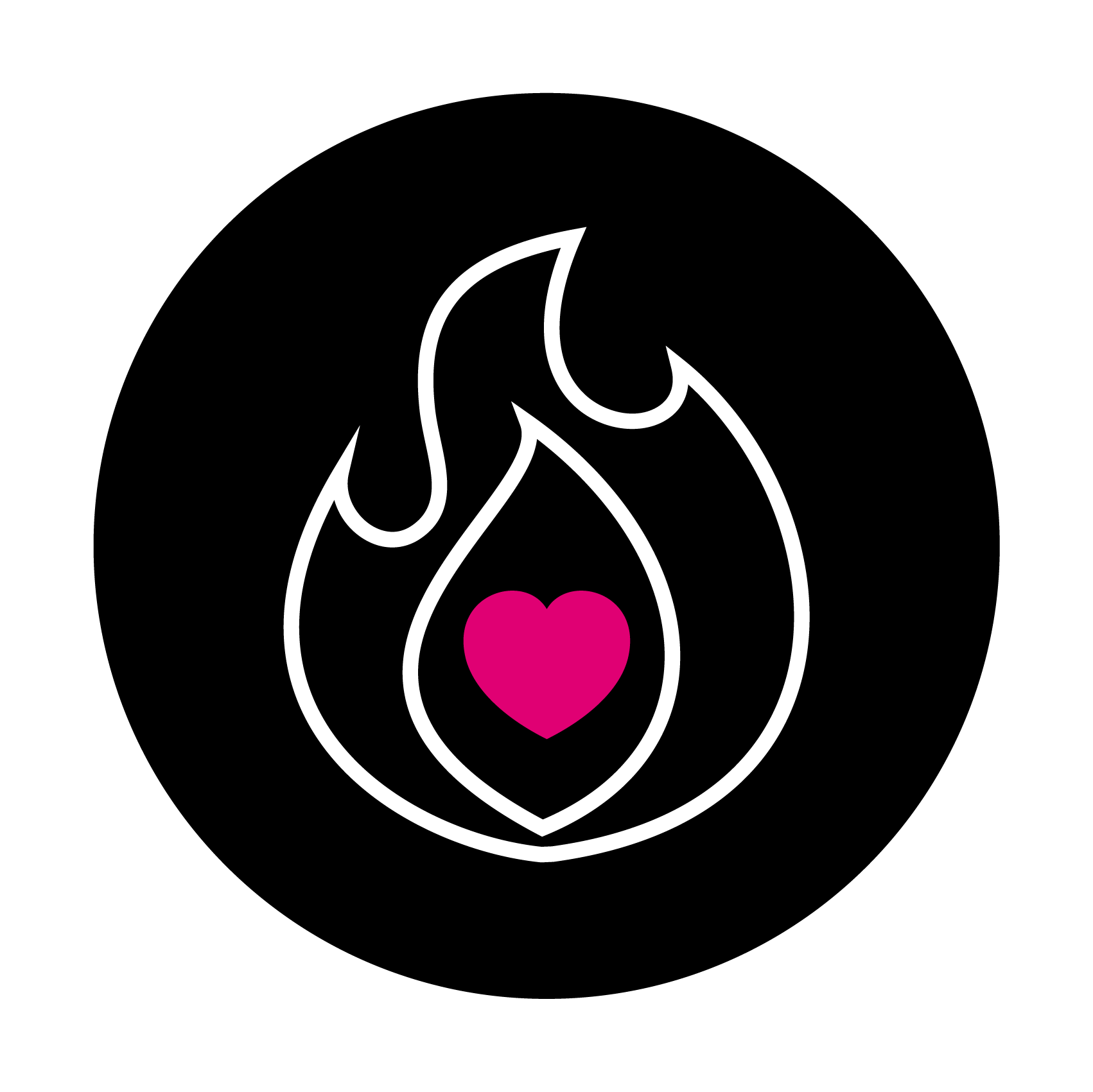 Weißes Flammen-Symbol mit pinkem Herz auf schwarzem Hintergrund