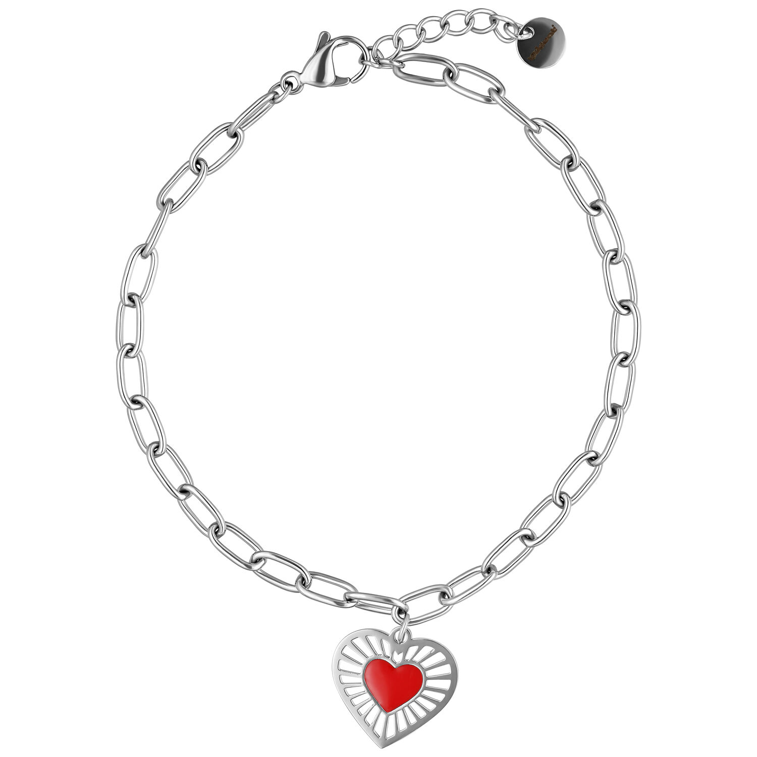 Silbernes Sacred Heart Armband mit Herzanhänger Silberfarbenes Armband aus Chirurgenstahl mit rotem Herzanhänger auf weißem Hintergrund