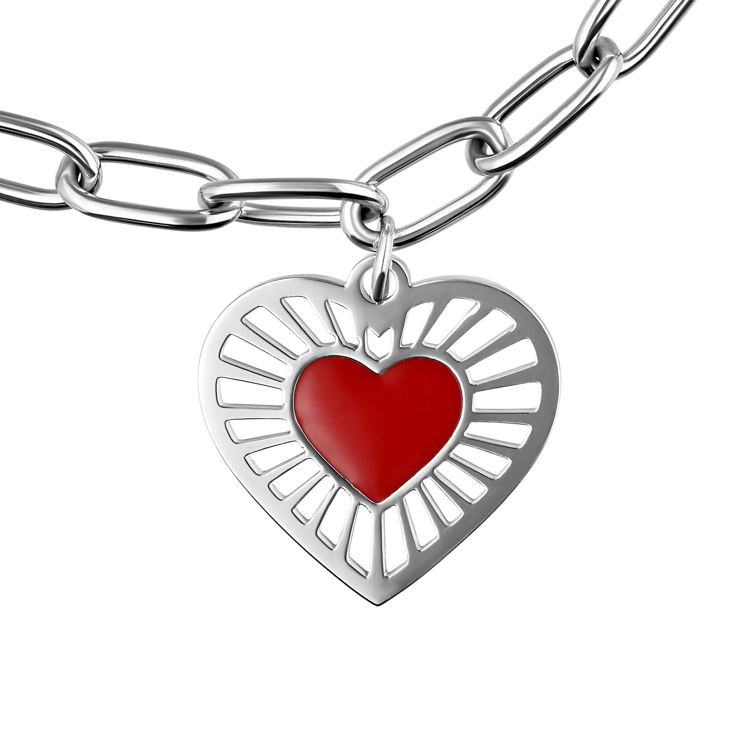 Silbernes Sacred Heart Armband mit Herzanhänger Silbernes Armband mit rotem Herzanhänger auf weißem Hintergrund