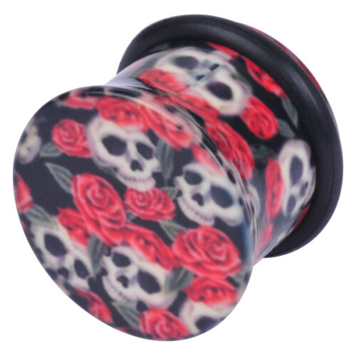Acryl Plug mit Totenkopf und Rosen Motiv, rot-schwarz, auf neutralem Hintergrund