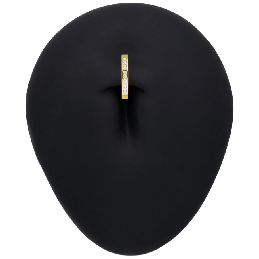Goldener Bauchnabel Clicker mit Moissanit Kristallen auf schwarzem Hintergrund