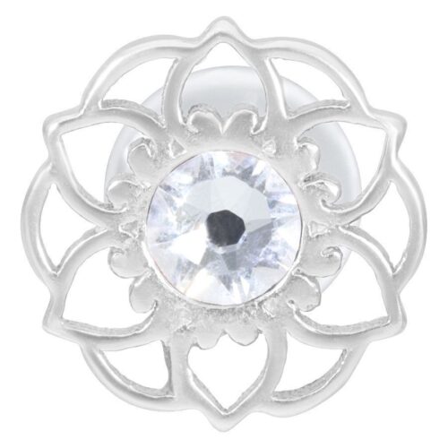 Silbernes Labret mit Mandala-Design und klaren Kristall auf weißem Hintergrund