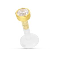 18k Gold Labret mit Kristall und Push Fit Labret mit goldener Fassung und klarem Kristall auf weißem Hintergrund