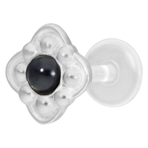 Silbernes Push-Fit Labret mit schwarzem Stein auf weißem Hintergrund