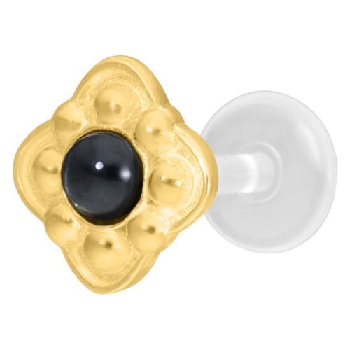 Goldenes Labret mit schwarzem Stein, Push-Fit, auf weißem Hintergrund