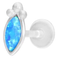 Silbernes Labret mit blauem Opalstein Silbernes Push-Fit Labret mit dunkelblauem synthetischem Opal auf weißem Hintergrund