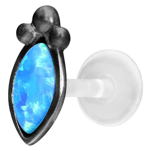 Blauer synthetischer Opal Labret in schwarzer Fassung auf weißem Hintergrund