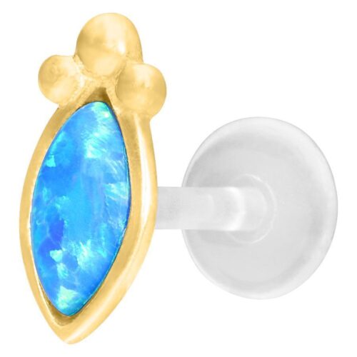 Goldenes Push-Fit Labret mit blauem synthetischem Opal auf weißem Hintergrund