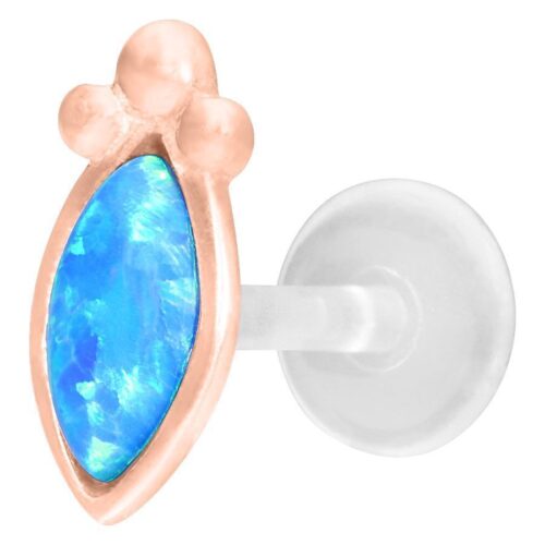 Roségoldenes Labret mit blauem synthetischem Opal auf weißem Hintergrund