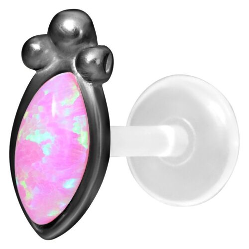 Schwarzer Push-Fit Labret mit rosa synthetischem Opal auf weißem Hintergrund