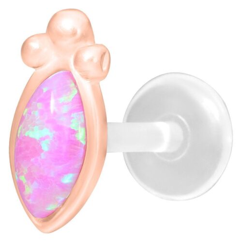 Roségoldenes Labret mit rosa synthetischem Opal auf weißem Hintergrund