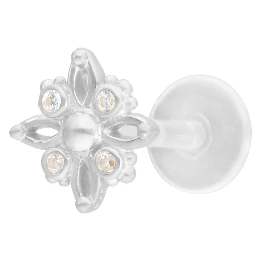 Silberfarbenes Labret mit sternförmigem Aufsatz und Kristallen auf weißem Hintergrund