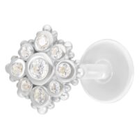 Silbernes Push-Fit Labret mit kristallklaren Steinen auf weißem Hintergrund