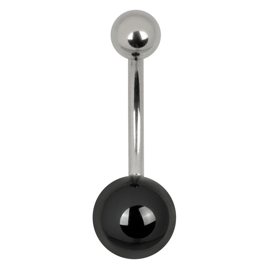 Titan Bananabell in Schwarz und Silber Bauchnabel Bananabell aus Titan mit schwarzer Kugel auf weißem Hintergrund