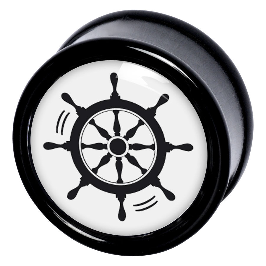 Wildcat® Sailor Wheel Plug in Schwarz-Weiß Schwarzer Plug mit weißem Hintergrund und schwarzem Steuerrad-Motiv