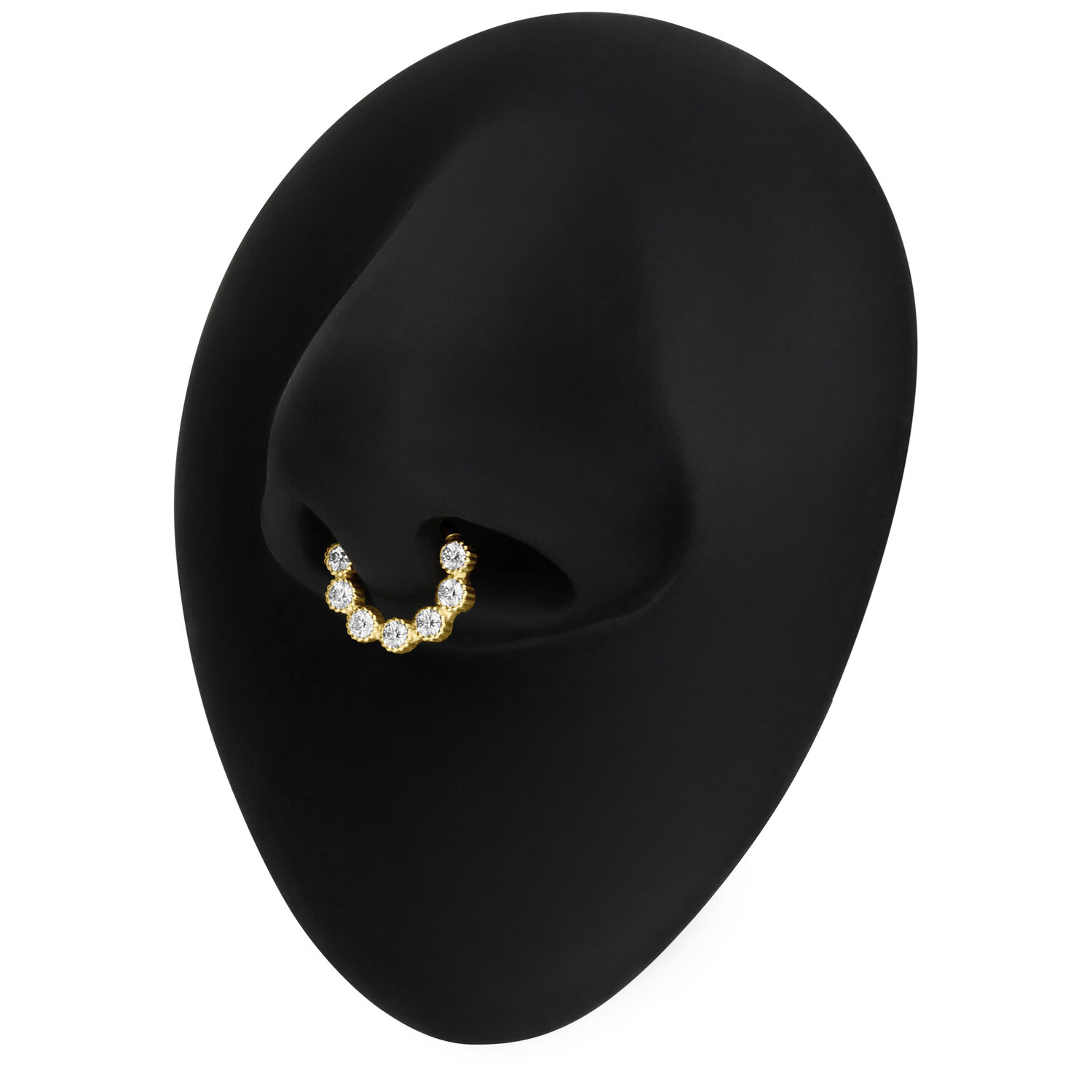 18K Gold Moissanit Septum Piercingring Goldener Septum Piercingring mit Moissanit-Kristallen auf schwarzem Hintergrund