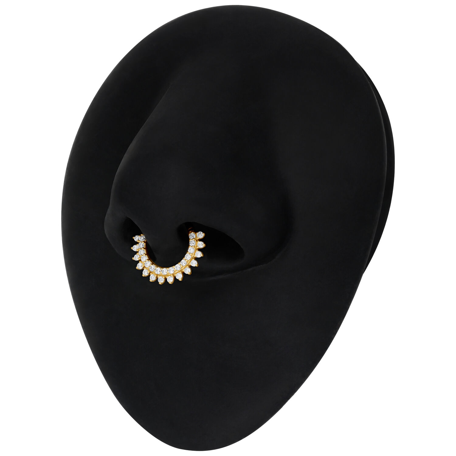 14K Gold Moissanit Septum Ring Goldener Moissanit Septum Ring mit Sonnenstrahlen-Design auf schwarzem Hintergrund
