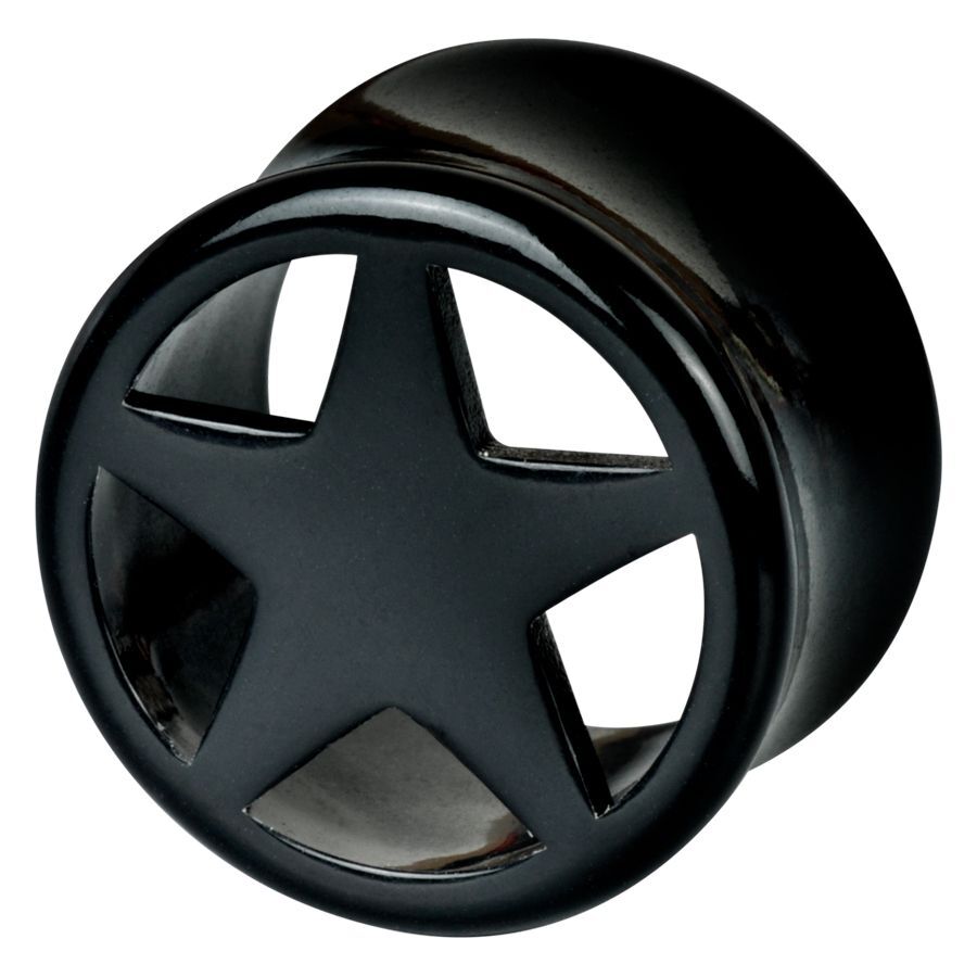 Schwarzer Stern Acryl Tunnel Piercing Schwarzer Acryl Tunnel mit Sternmotiv vor weißem Hintergrund