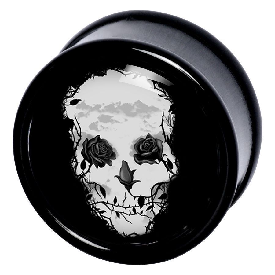 Schwarzer Plug mit Totenkopf und Rosen Motiv auf weißem Hintergrund